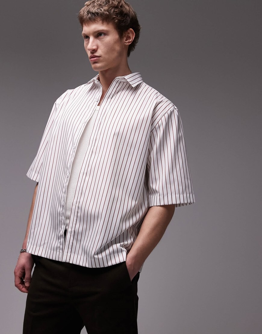 Topman short sleeve striped smart shirt in burgundy | ASOS Style Feed