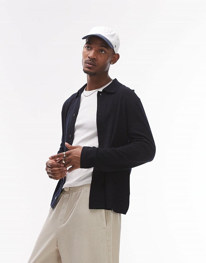 ARKET knit cardigan with button front and polo collar in navy | ASOS Style Feed