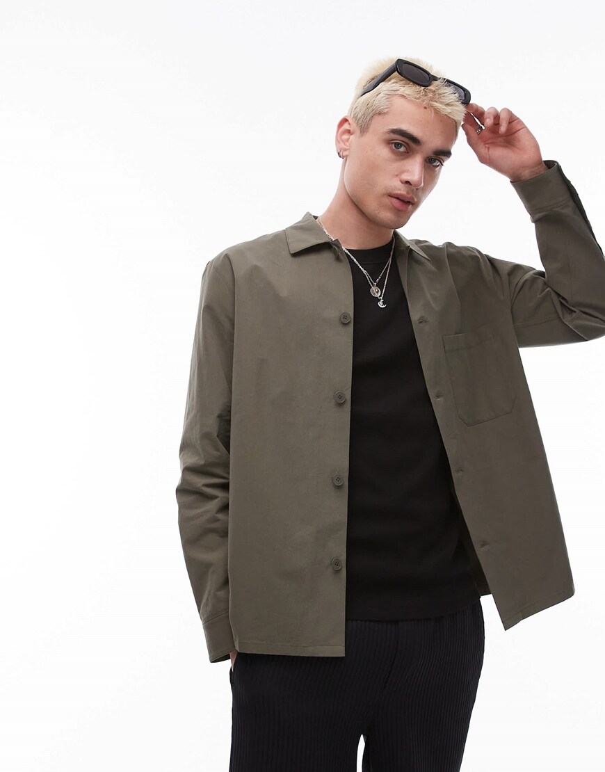 ARKET heavy poplin overshirt with button front in washed khaki | ASOS Style Feed