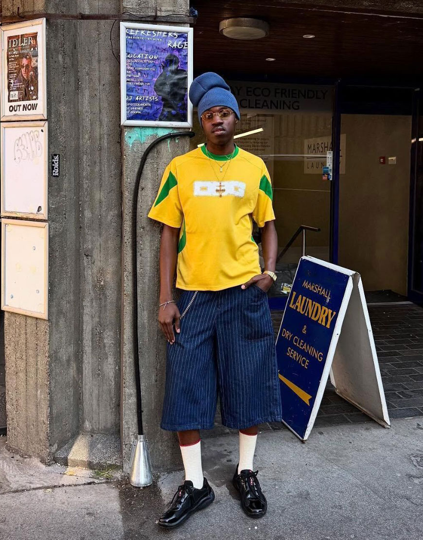 Man wearing yellow T-shirt and pinstripe jorts | ASOS Style Feed