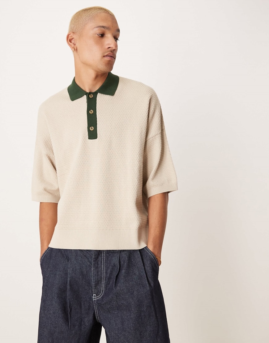 ASOS DESIGN oversized boxy fit knitted textured polo in ecru with contrast collar | ASOS Style Feed