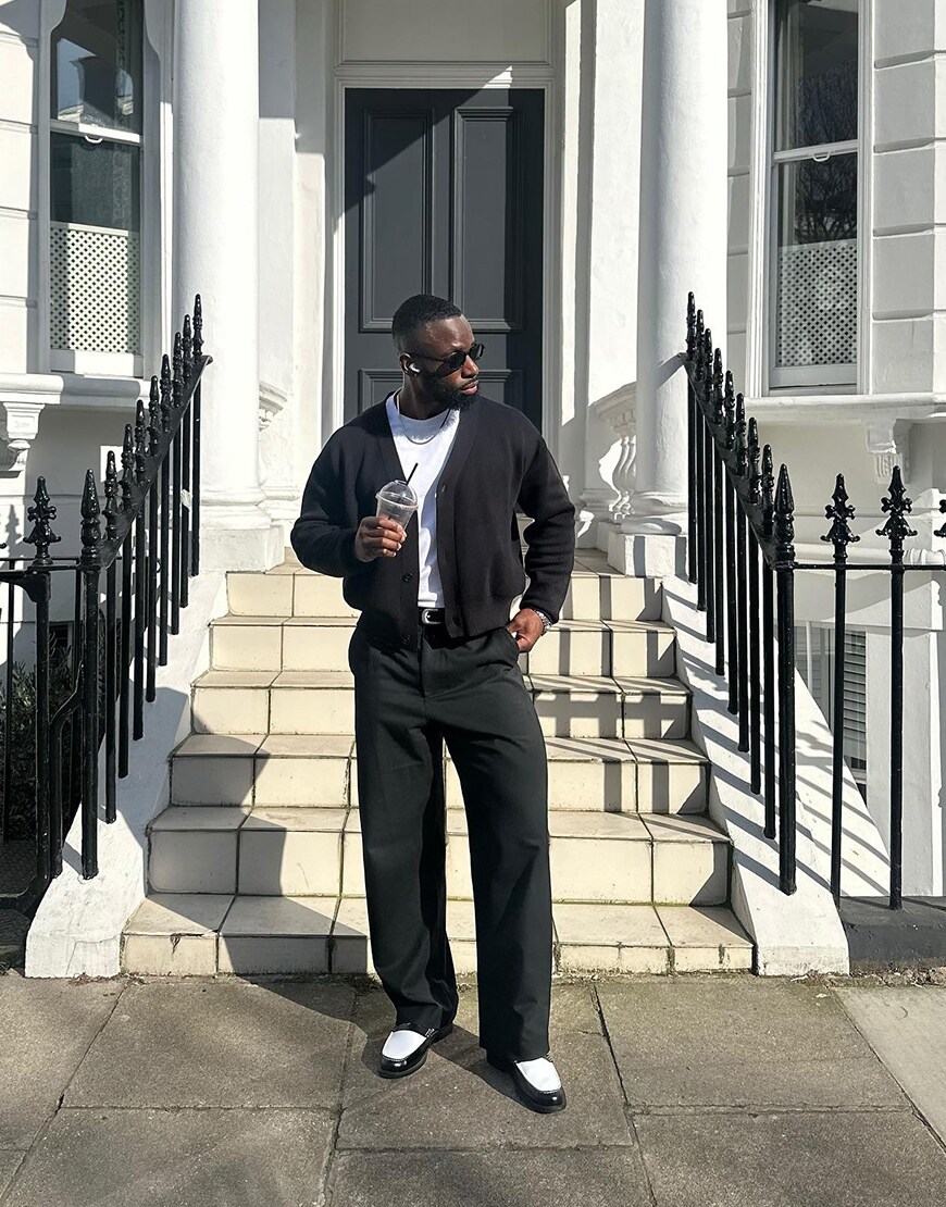 man wearing black cardigan and loafers | ASOS Style Feed