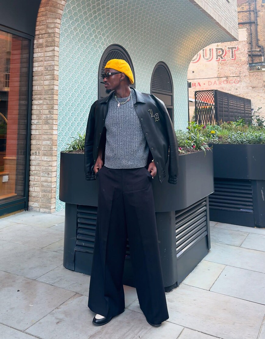 Man wearing leather jacket and yellow hat | ASOS Style Feed