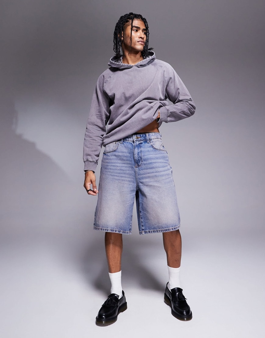 ASOS DESIGN longer length denim jort in dark wash blue with tint | ASOS Style Feed