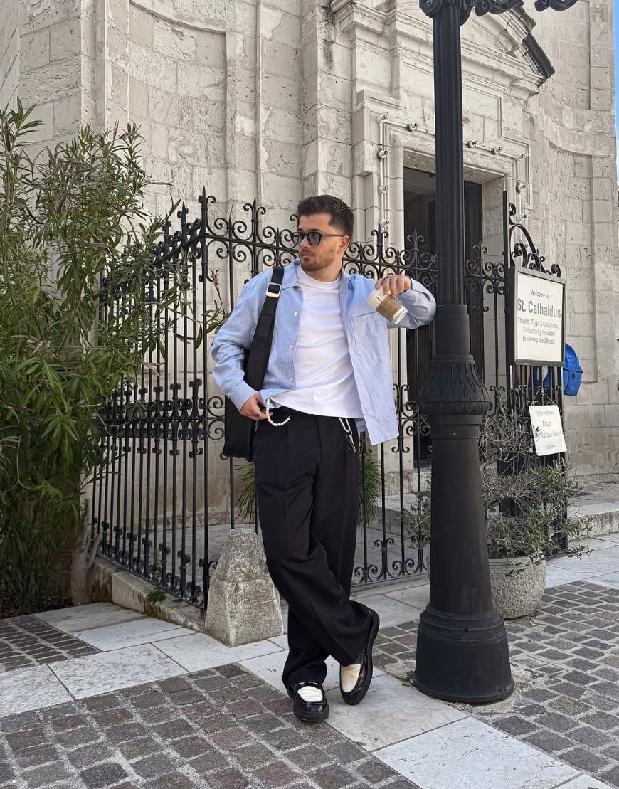 Man wearing tailored wide leg trousers and pinstripe shirt | ASOS Style Feed
