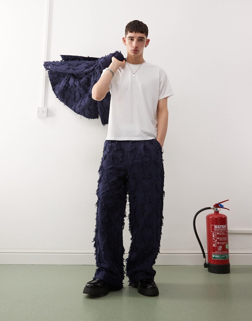 Reclaimed Vintage tailored trouser co-ord in navy with fraying | ASOS Style Feed