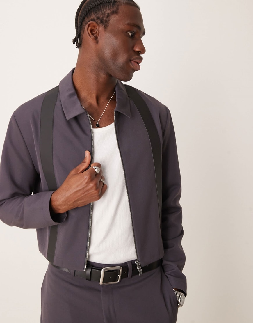 ASOS DESIGN cropped slim smart co-ord harrington jacket with pu trim in charcoal | ASOS Style Feed