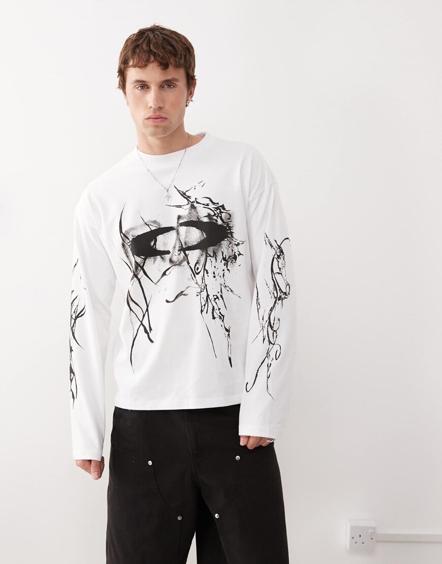 A model wearing a white graphic print top