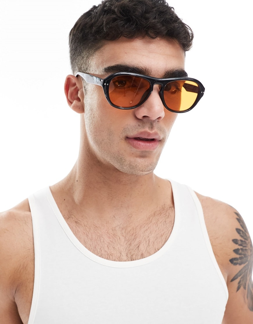 ASOS DESIGN aviator sunglasses in black with amber lens | ASOS Style Feed