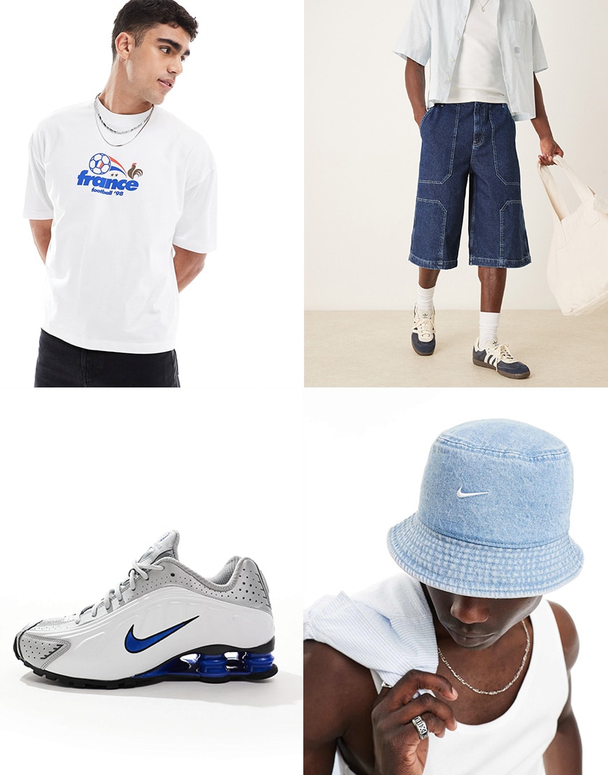 A collage of an outfit including a printed T shirt