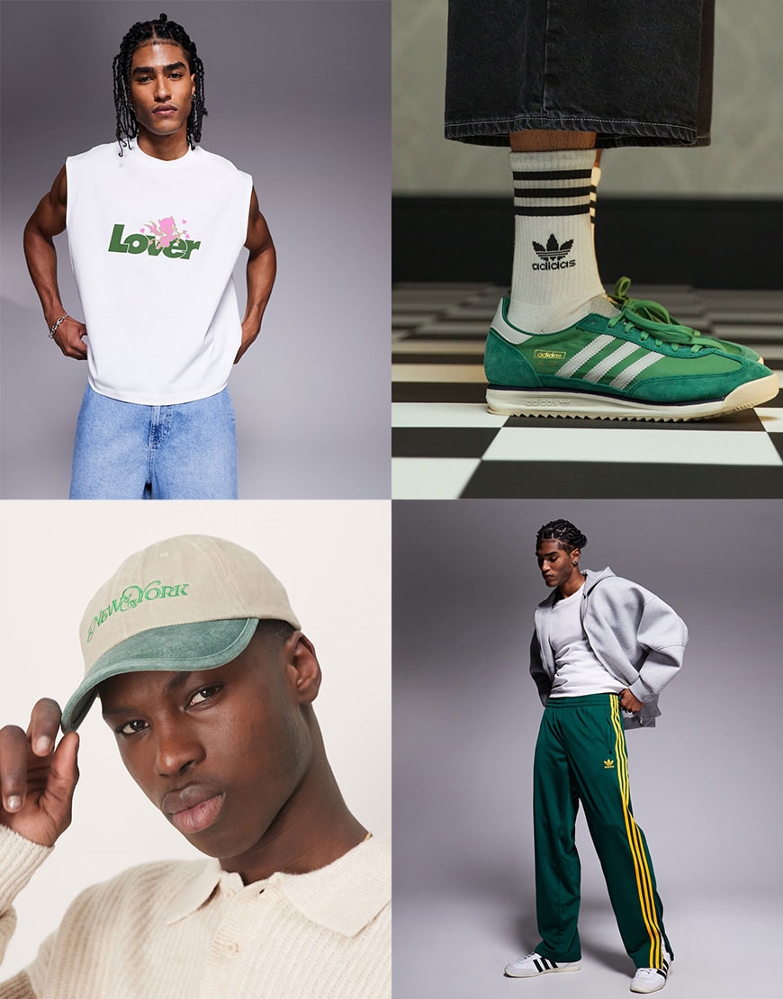 A collage of an outfit including adidas firebird track pants