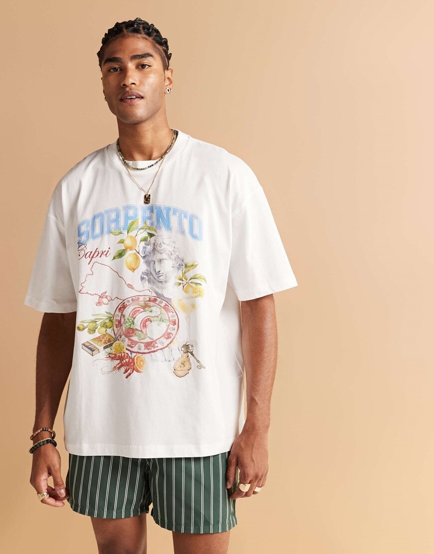 A model wearing a white summer print T-shirt
