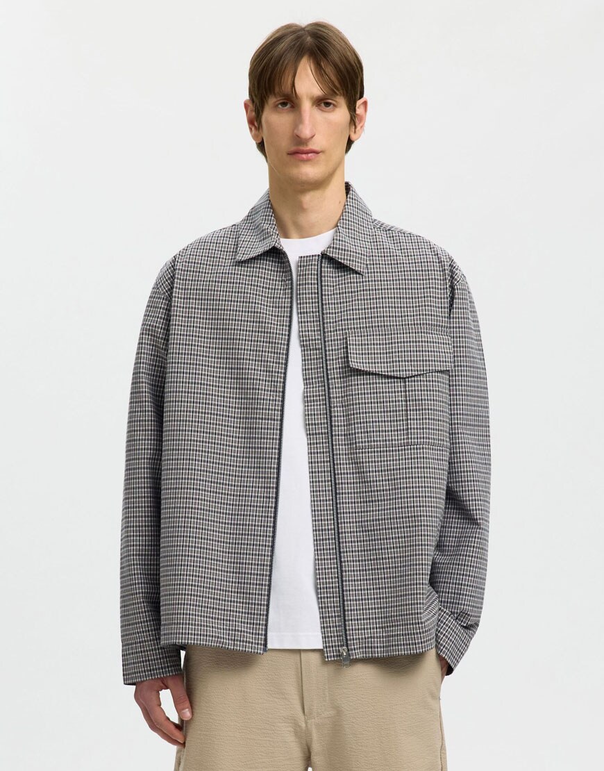 model wearing grey checked shacket|ASOS Style Feed