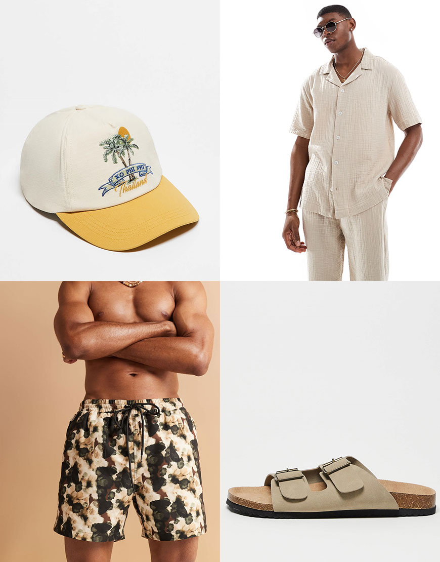 An outfit collage including printed swim shorts