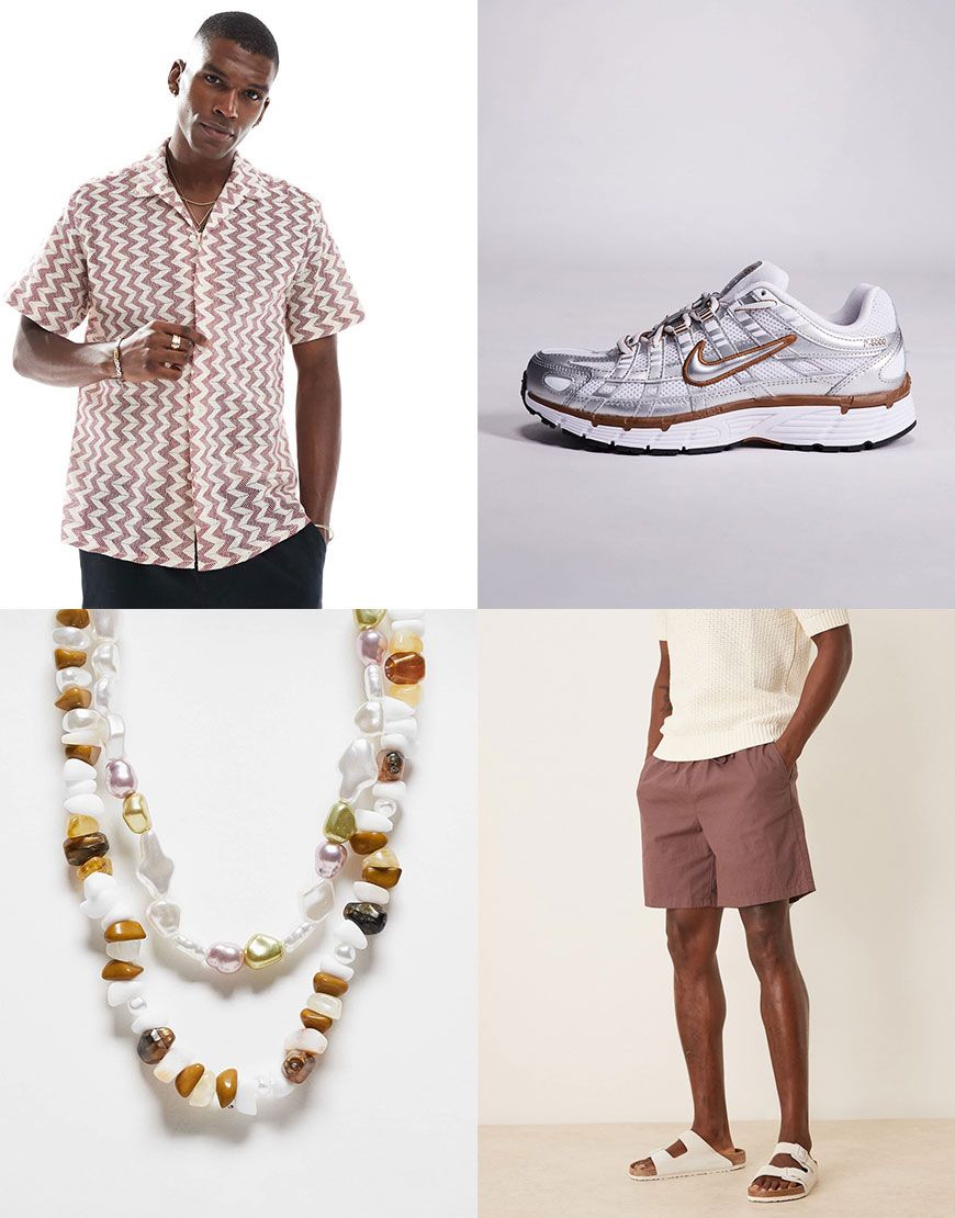 An outfit collage including a striped chevron shirt