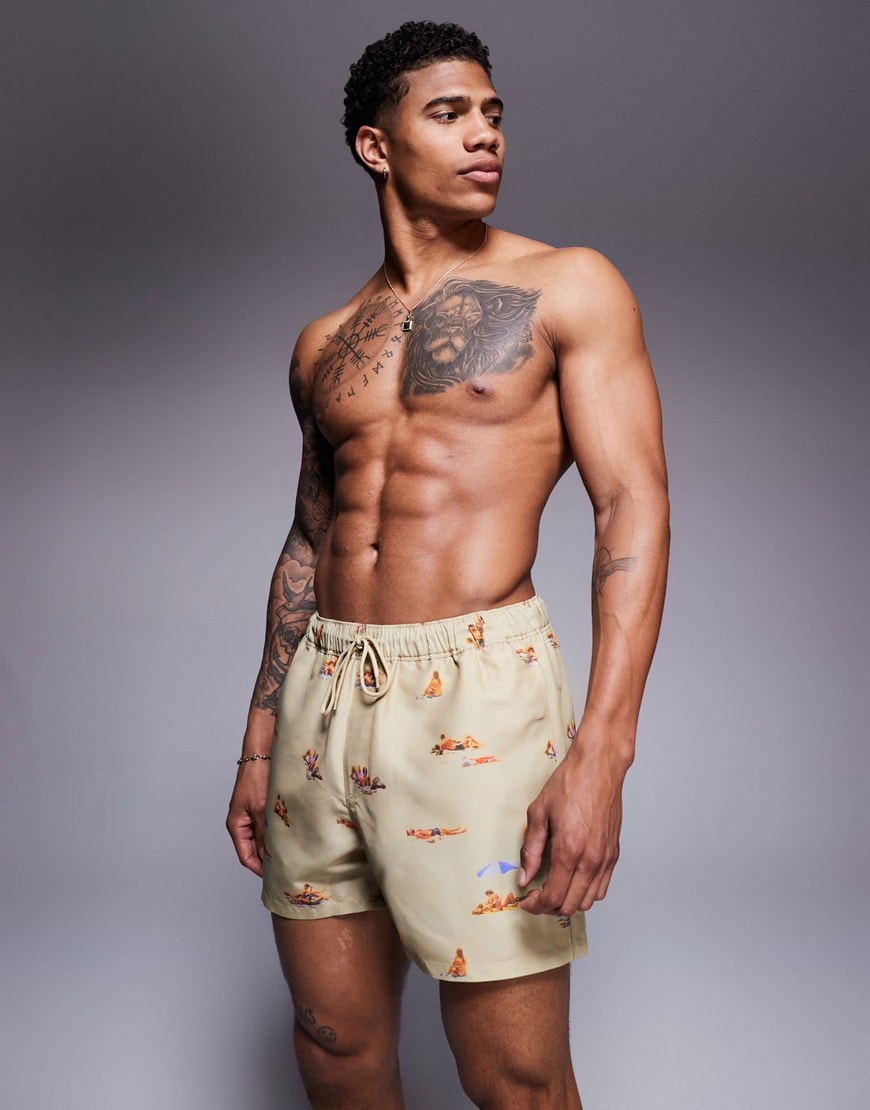 ASOS DESIGN swim shorts in short length with beach print in stone