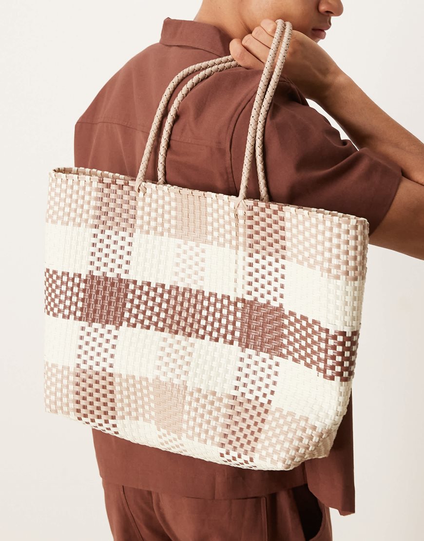ASOS DESIGN woven checked shopper tote