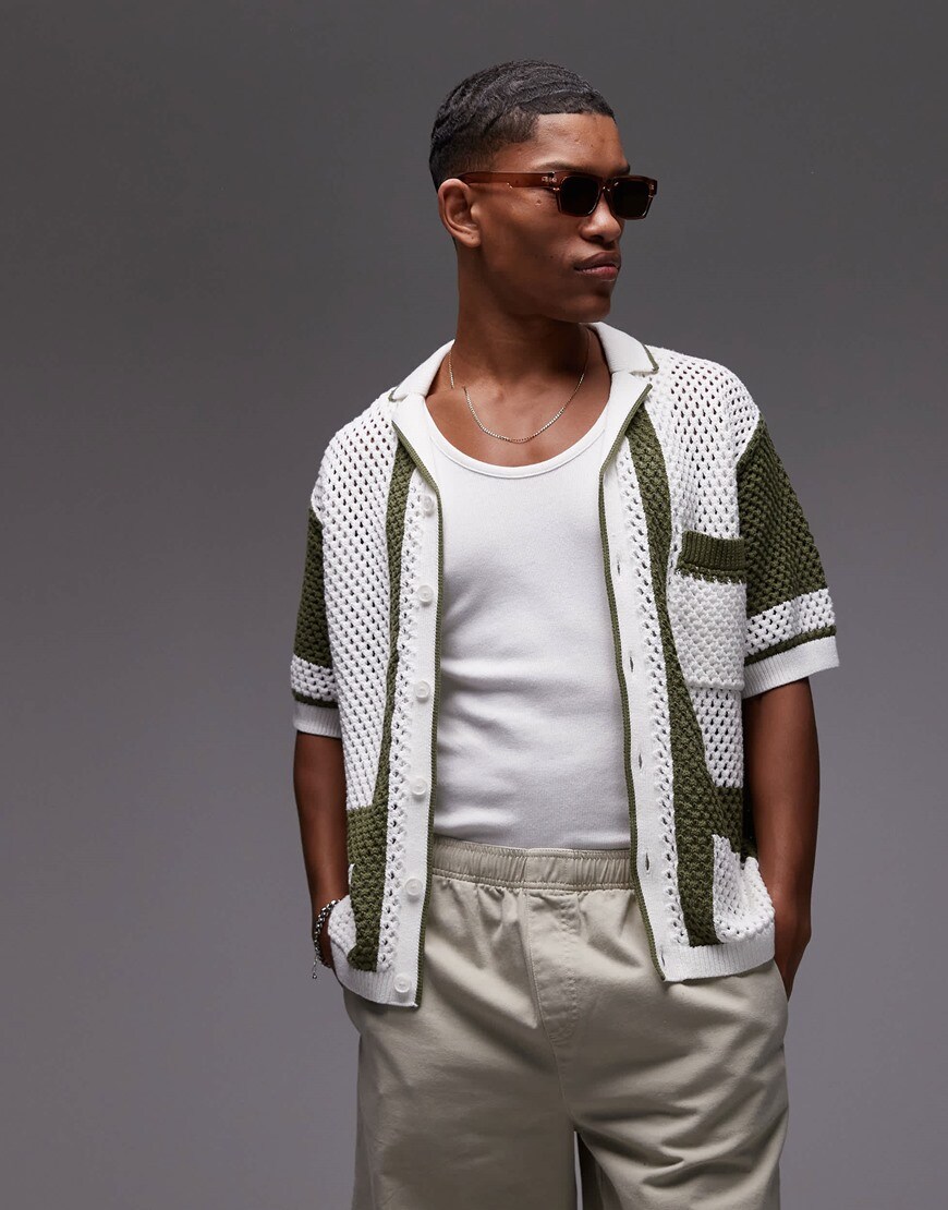 A model wearing a khaki crochet shirt