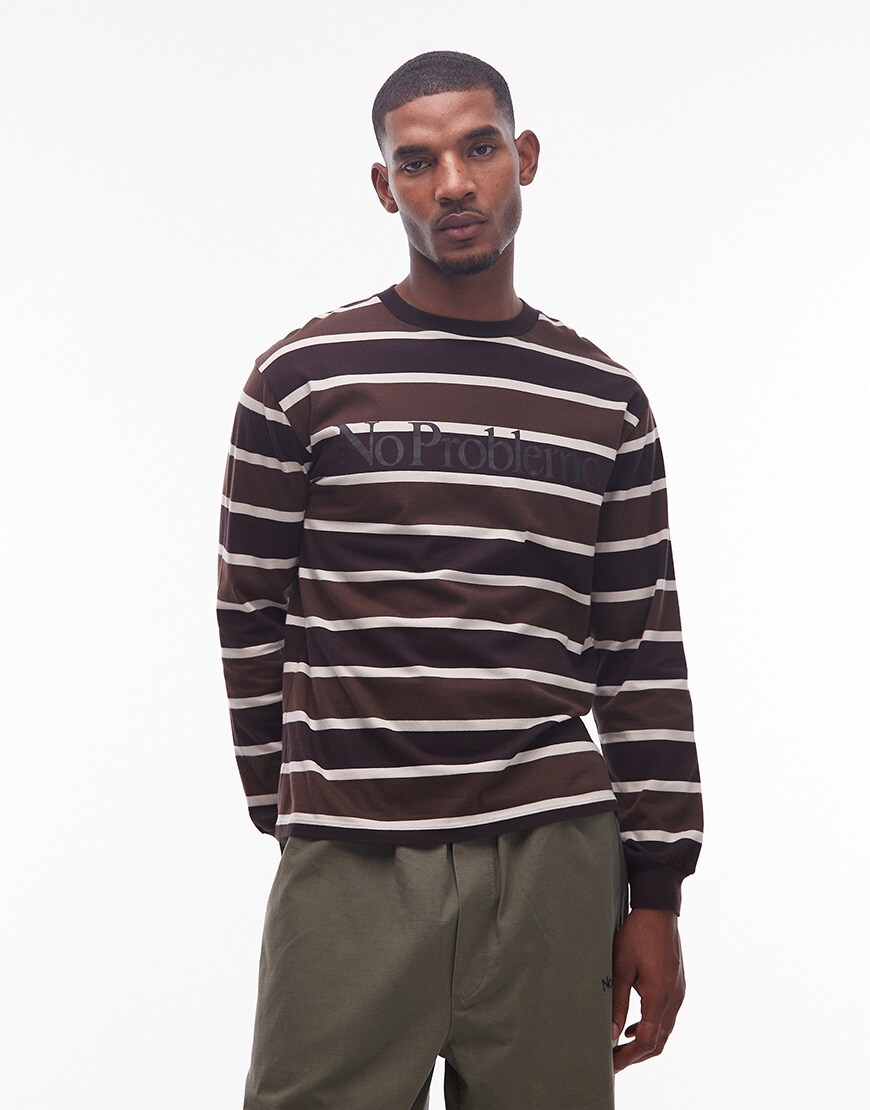 No Problemo logo long sleeve stripe t-shirt in brown stripe | ASOS Style Feed