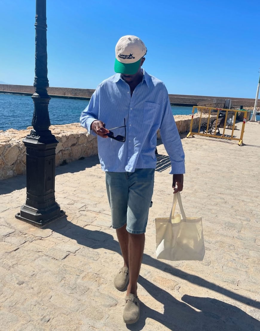 Man Wearing a Shirt, Cap and Birkenstocks