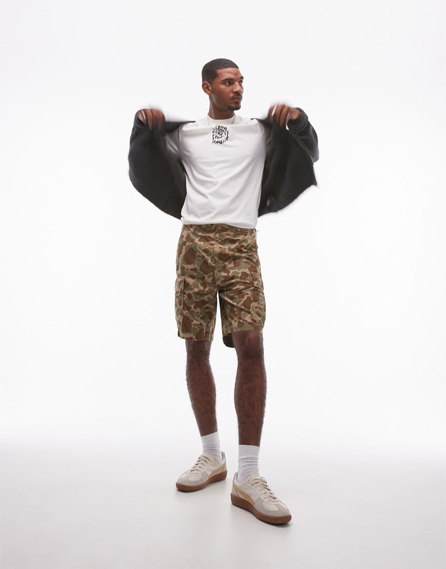 Model wearing camo cargo shorts outfit