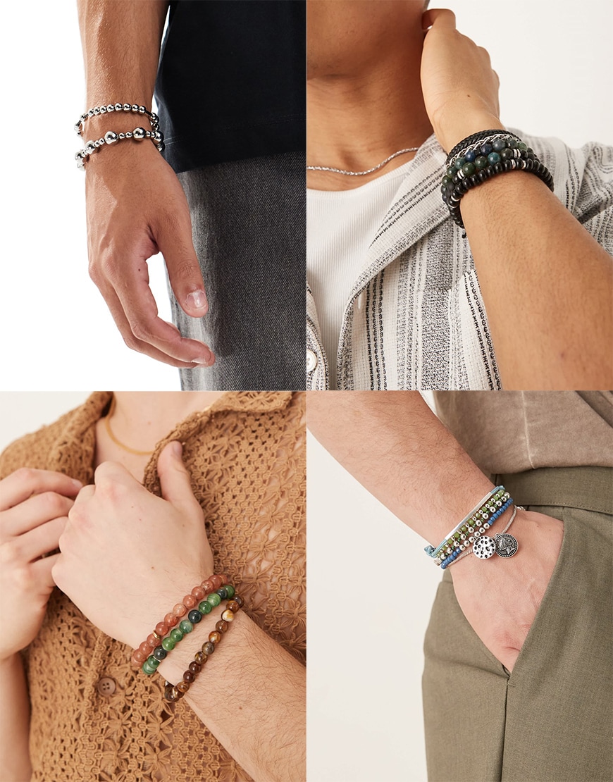 Collage of men wearing beaded bracelets