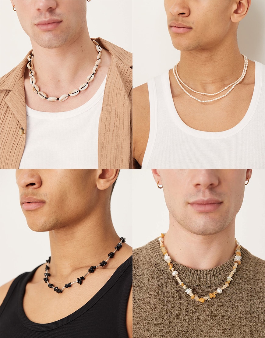 Collage of men wearing beaded necklaces