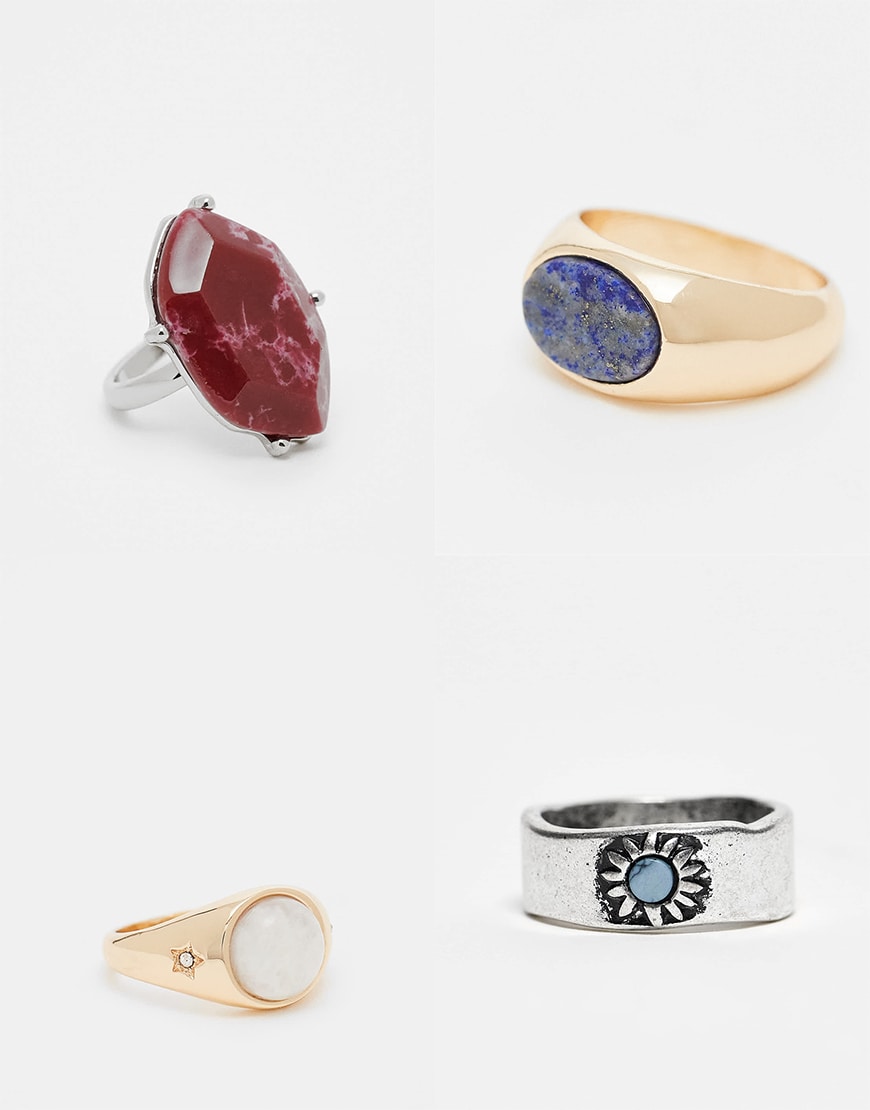 Collage of gold and silver stone rings