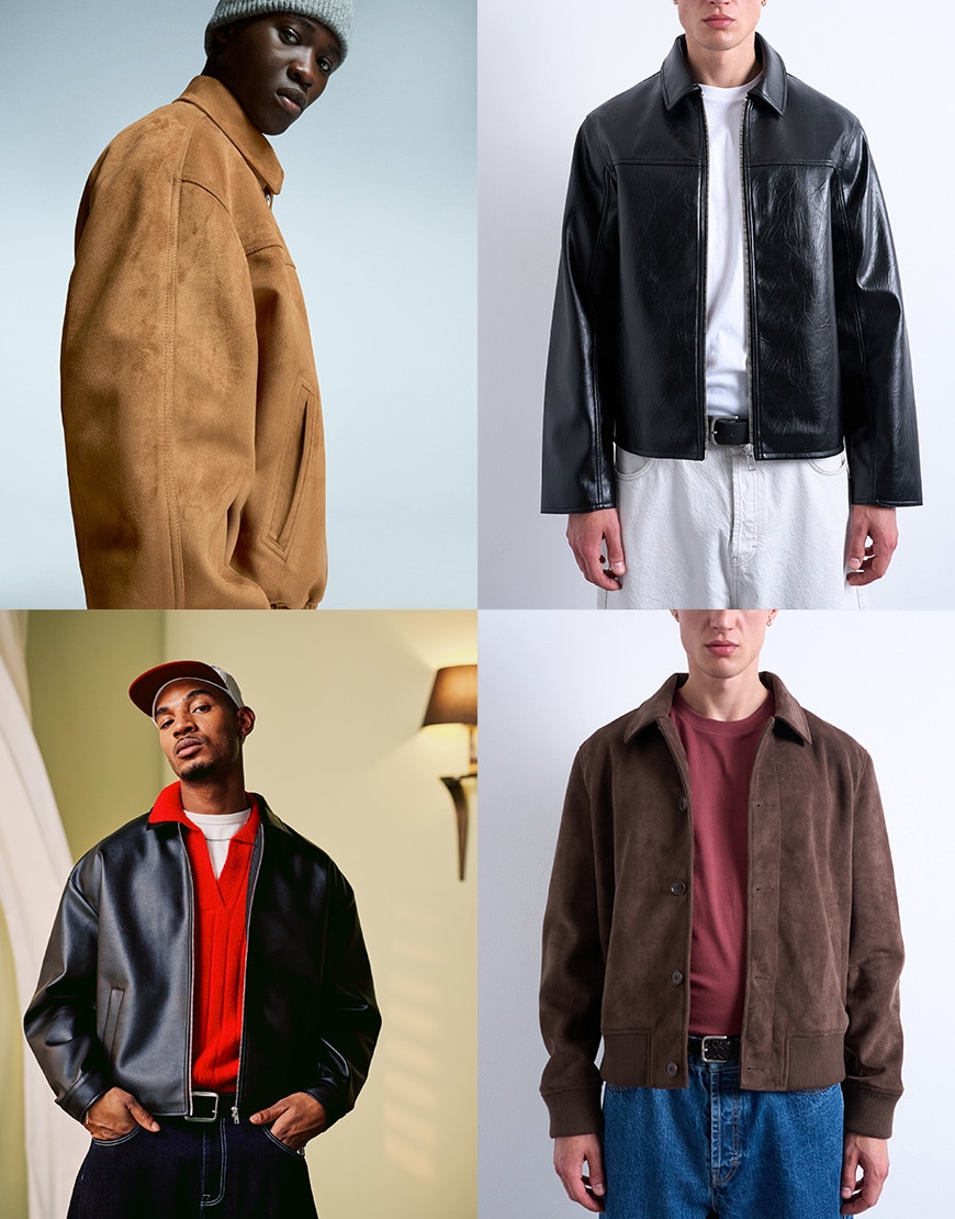 Collage of men wearing ASOS leather and suede jackets | ASOS Style Feed