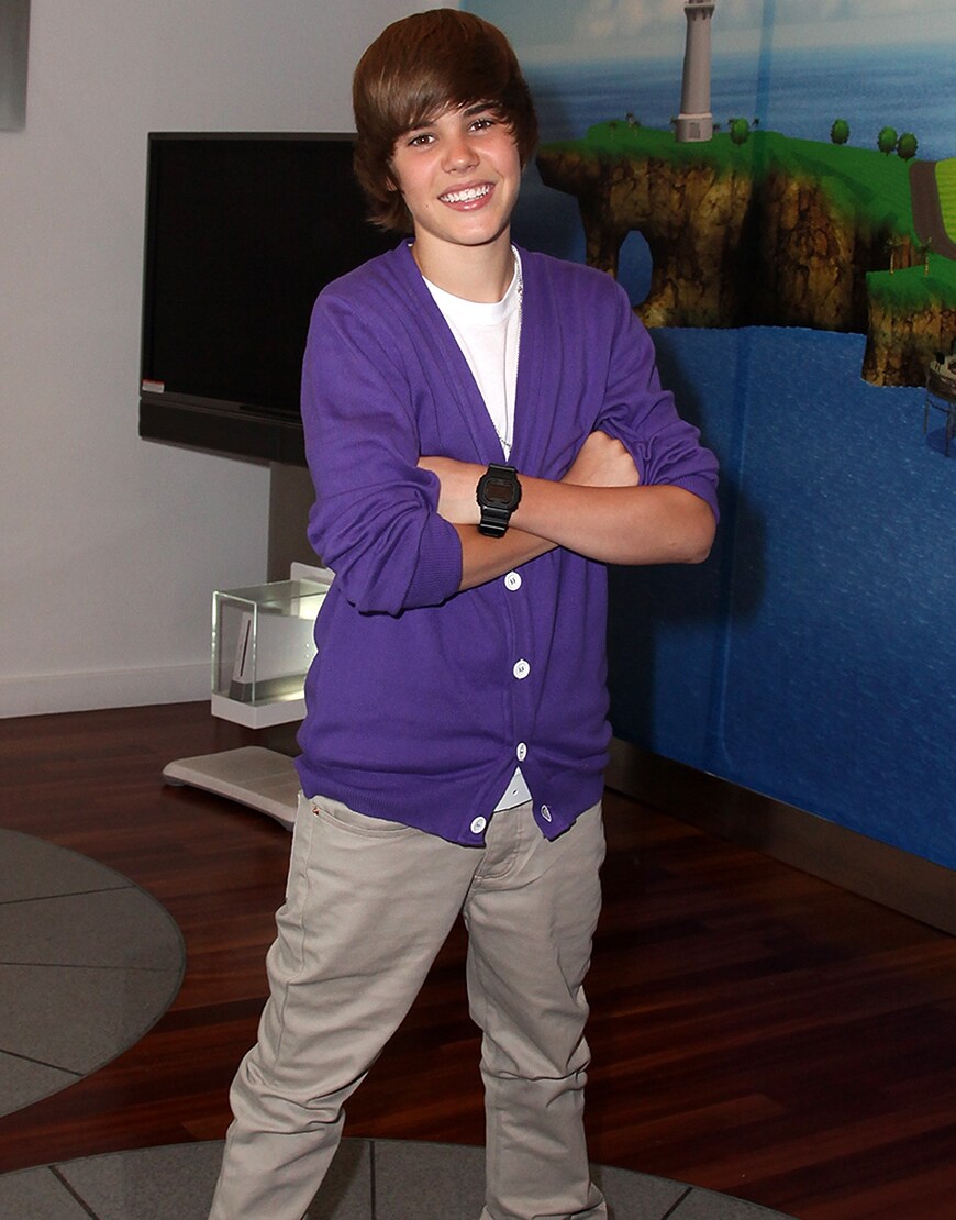 Justin Bieber wearing a purple cardigan