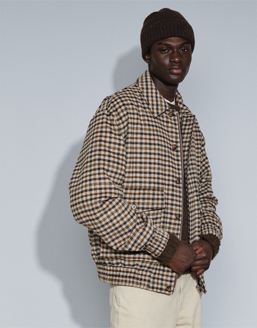 Topman relaxed fit faux wool check harrington with double zip in neutral | ASOS Style Feed