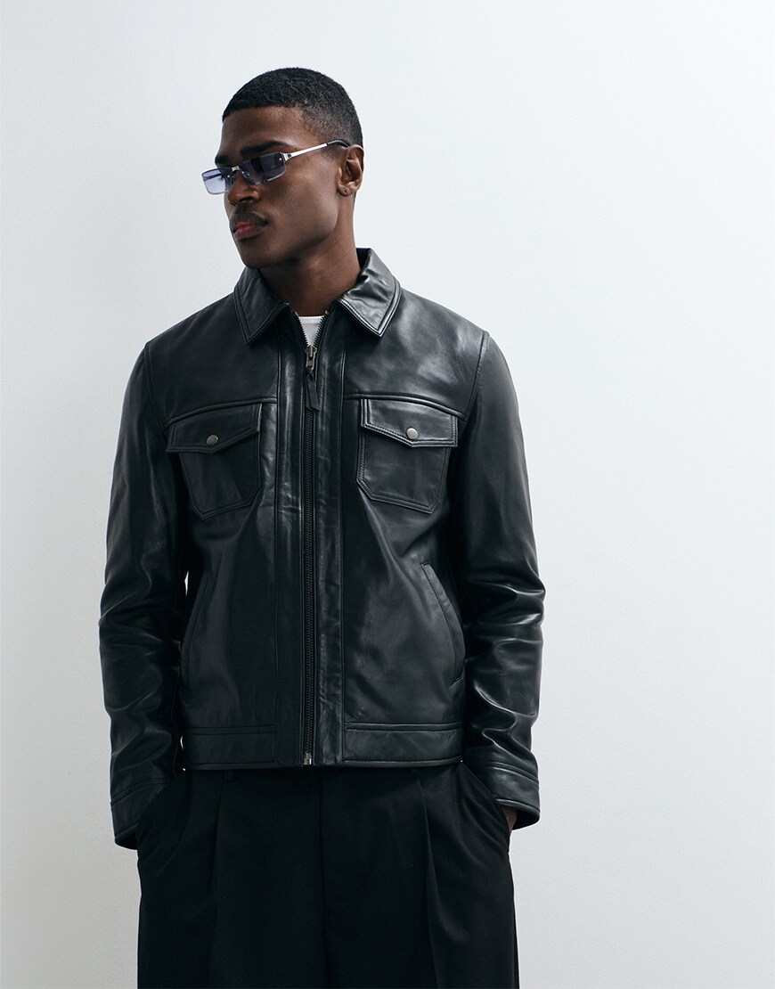  169 169 PEOPLE HAVE THIS PRODUCT IN THEIR SAVED ITEMS Model: 185.5cm / 6'1" | Wearing M - Chest 38 AllSaints Verdi zip through lambs leather jacket in black| ASOS Style Feed