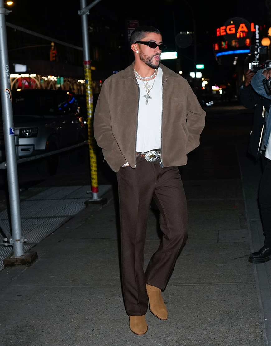 Bad Bunny wearing a brown outfit