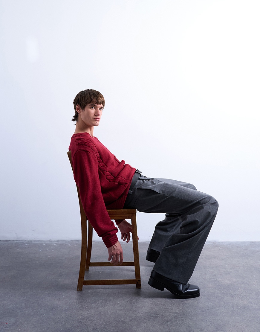 Topman relaxed fit v neck cable jumper in red | ASOS Style Feed
