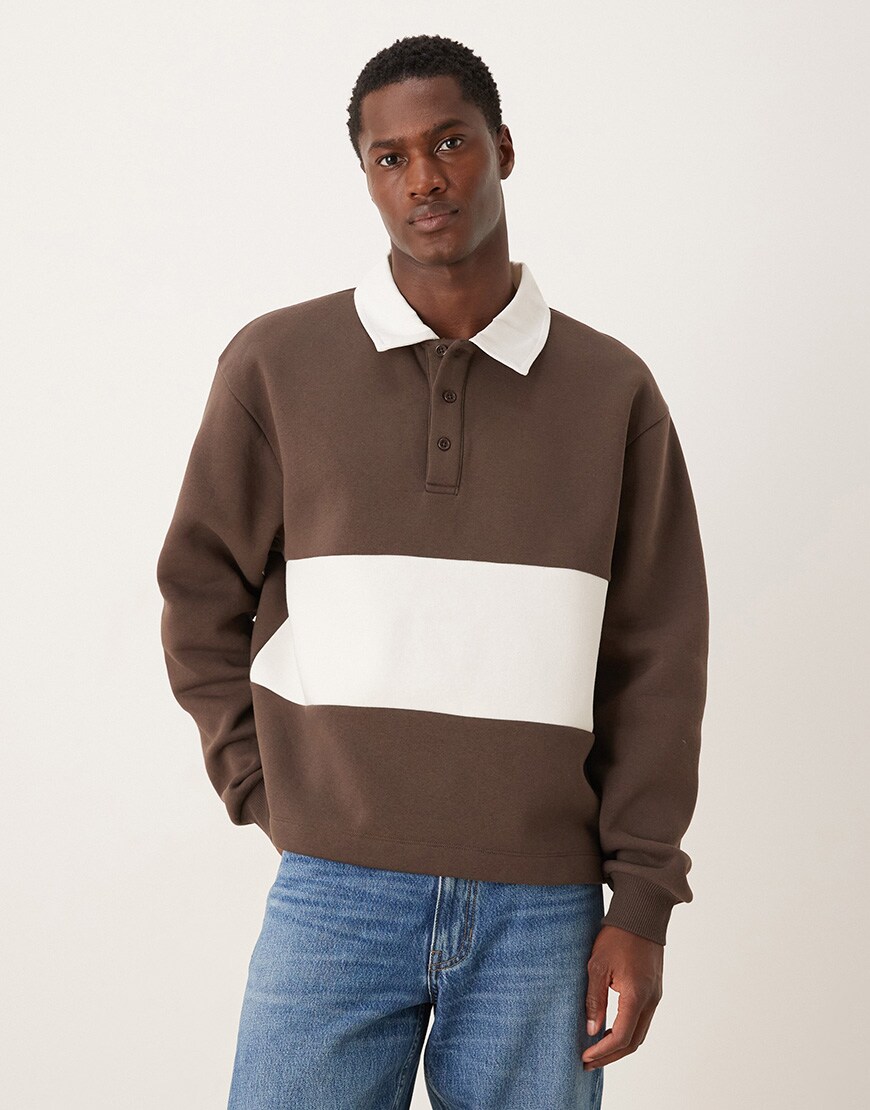 ASOS DESIGN relaxed boxy fit rugby polo sweatshirt in brown | ASOS Style Feed