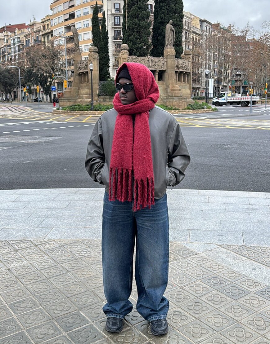 Man wearing red scarf and blue jeans | ASOS Style Feed