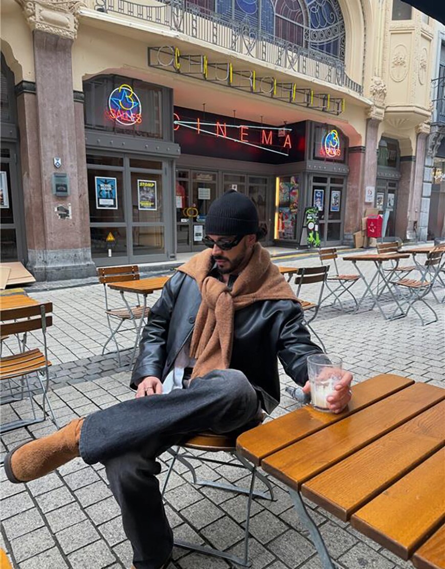 Man wearing leather jacket and brown knit | ASOS Style Feed