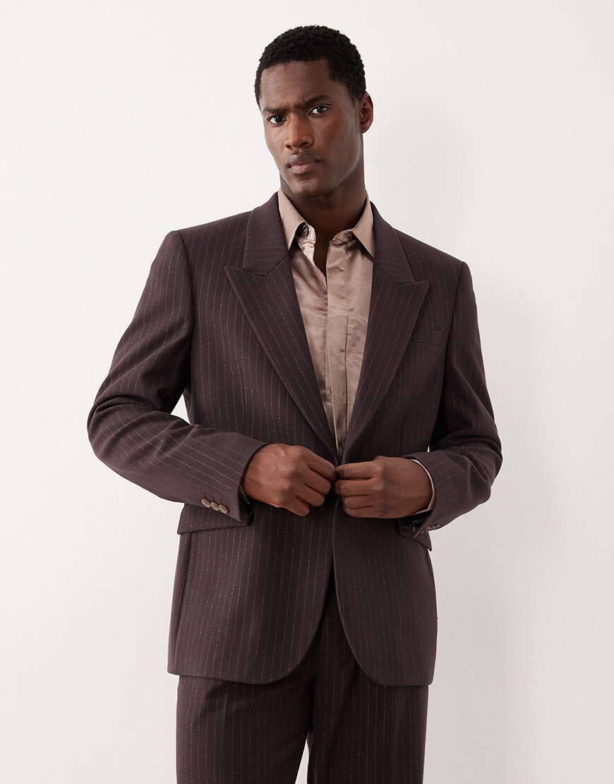 ASOS DESIGN metallic pinstripe slim suit in brown | ASOS Style Feed