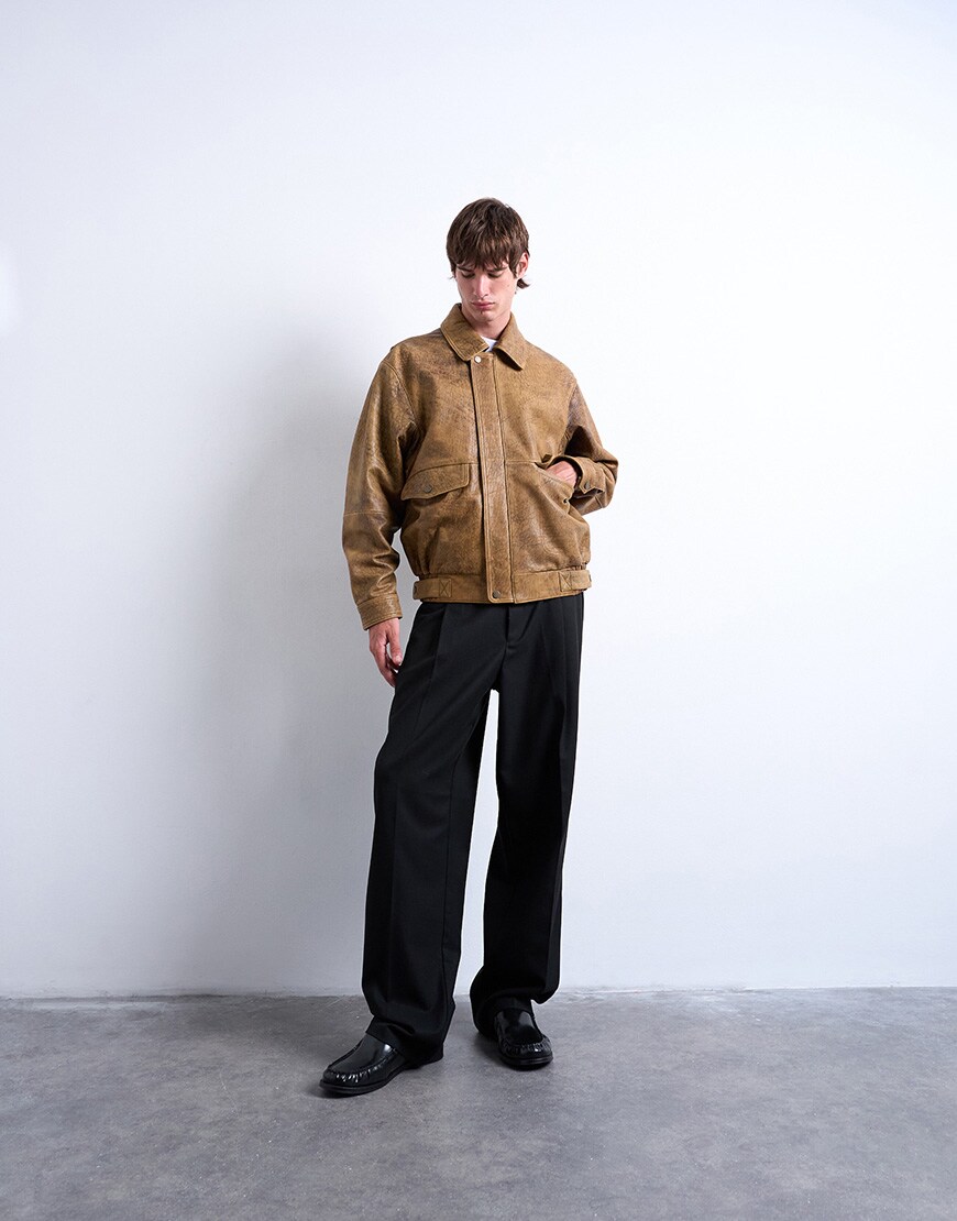 Topman real leather double pocket coat in tan | ASOS Style Feed