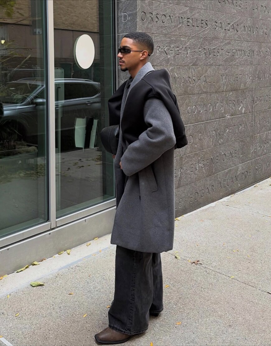 Man wearing grey tailored coat and black jeans | ASOS Style Feed