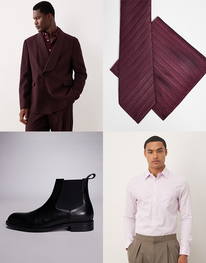 Collage of styles for a burgundy suit look