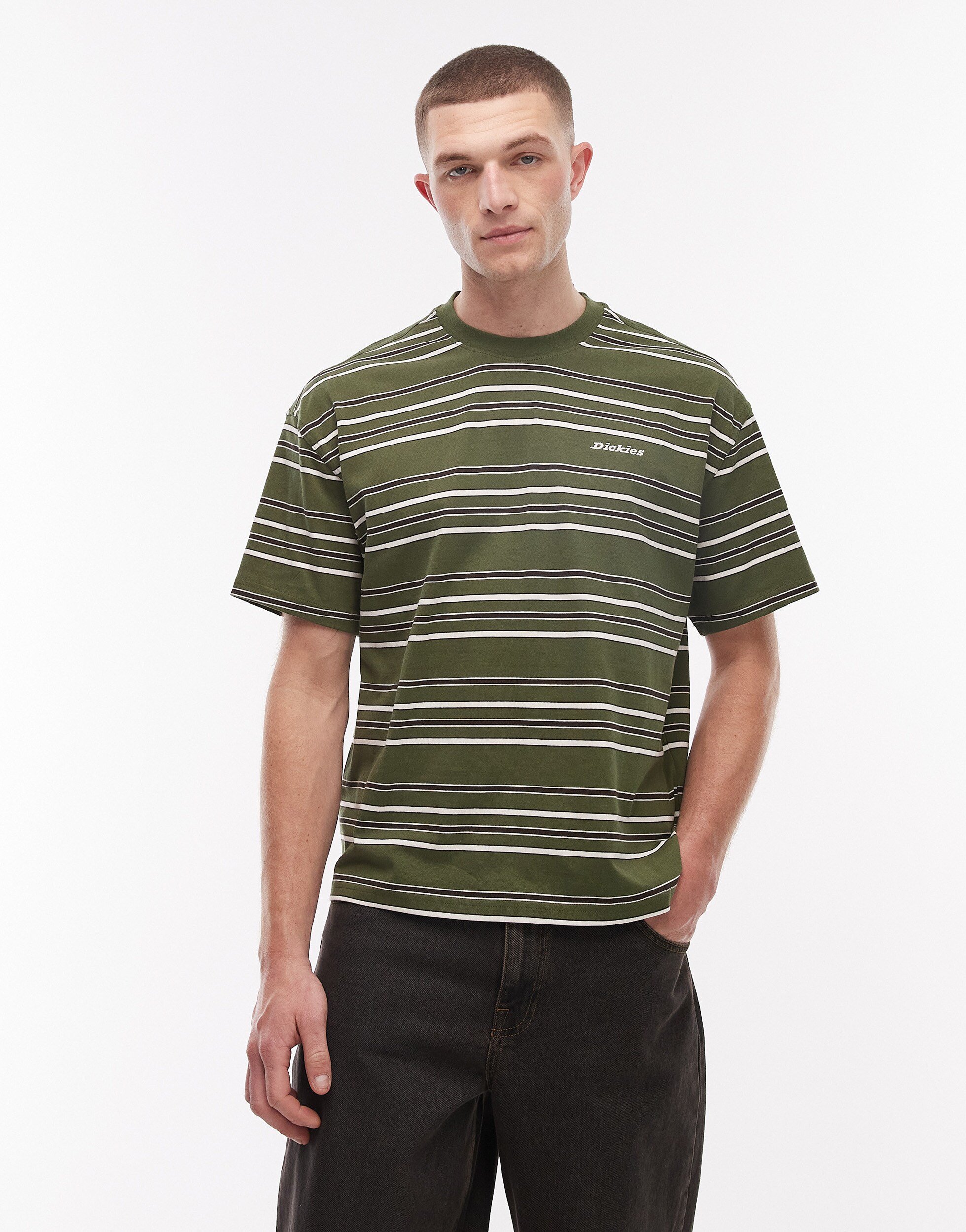 model wearing green striped T-shirt|ASOS Style Feed