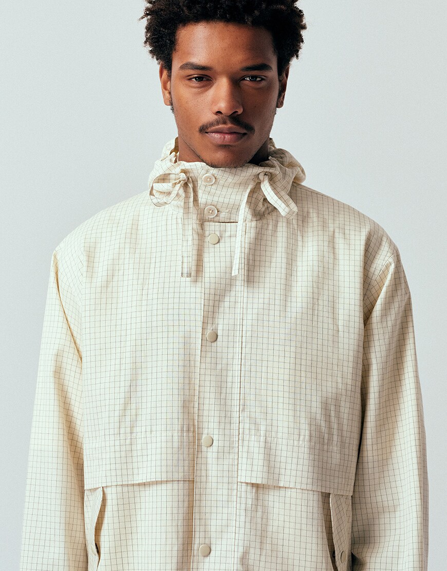 ASOS DESIGN oversized check windbreaker jacker in beige | ASOS Style Feed