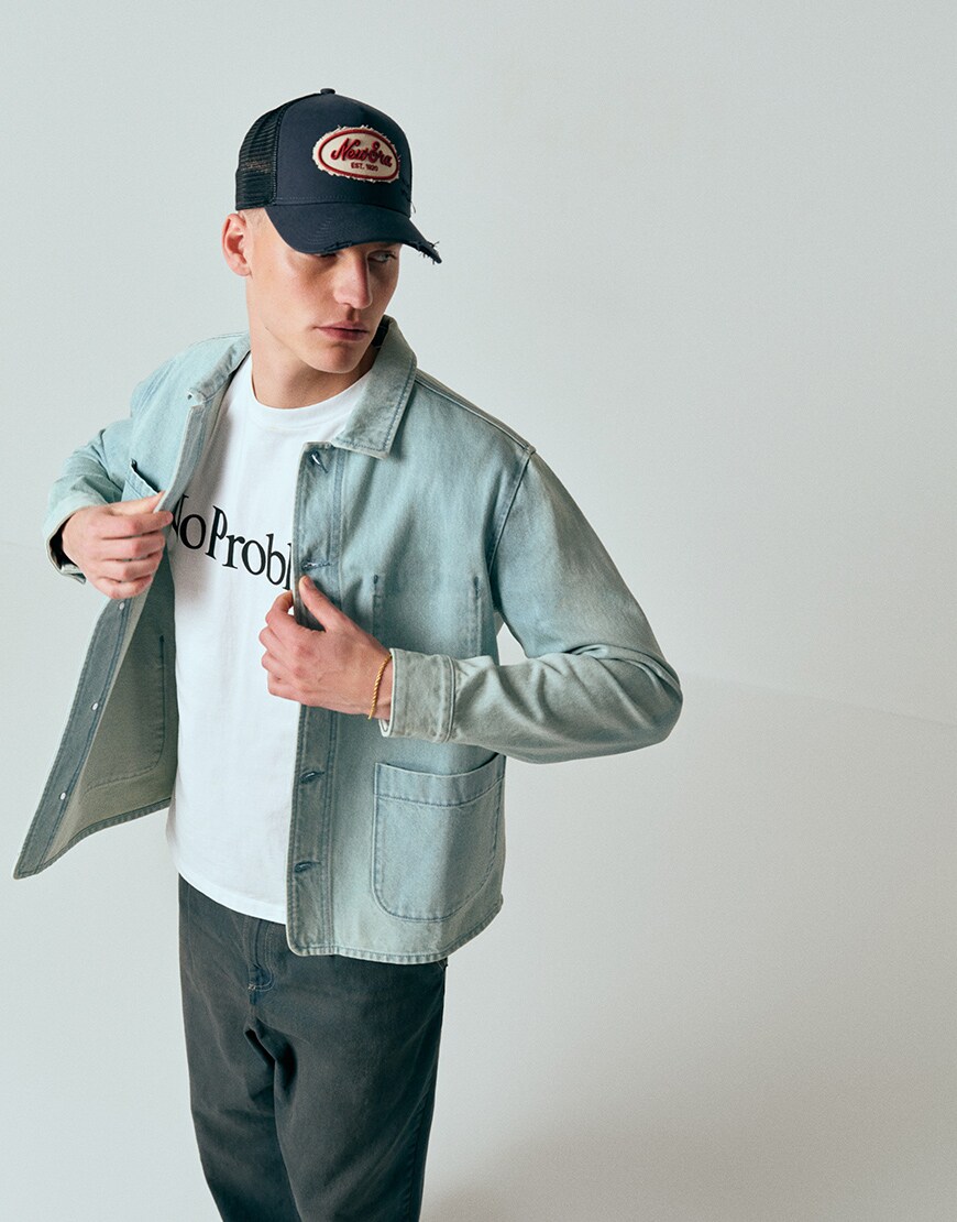 Pompeii denim button up chore jacket in mid wash blue | ASOS Style Feed