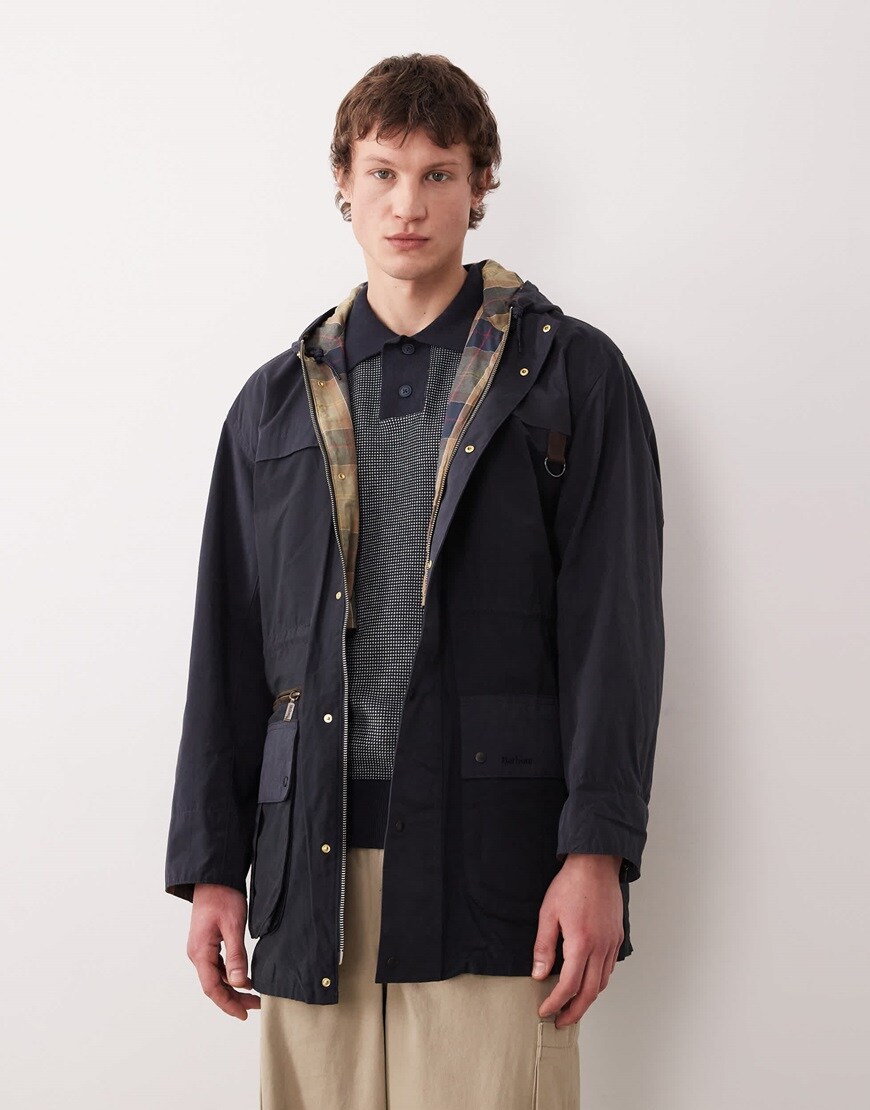 model wearing navy Barbour jacket|ASOS Style Feed