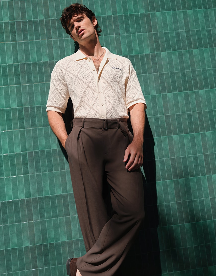 Paul Foreman wearing crochet top and tailored trousers | ASOS Style Feed