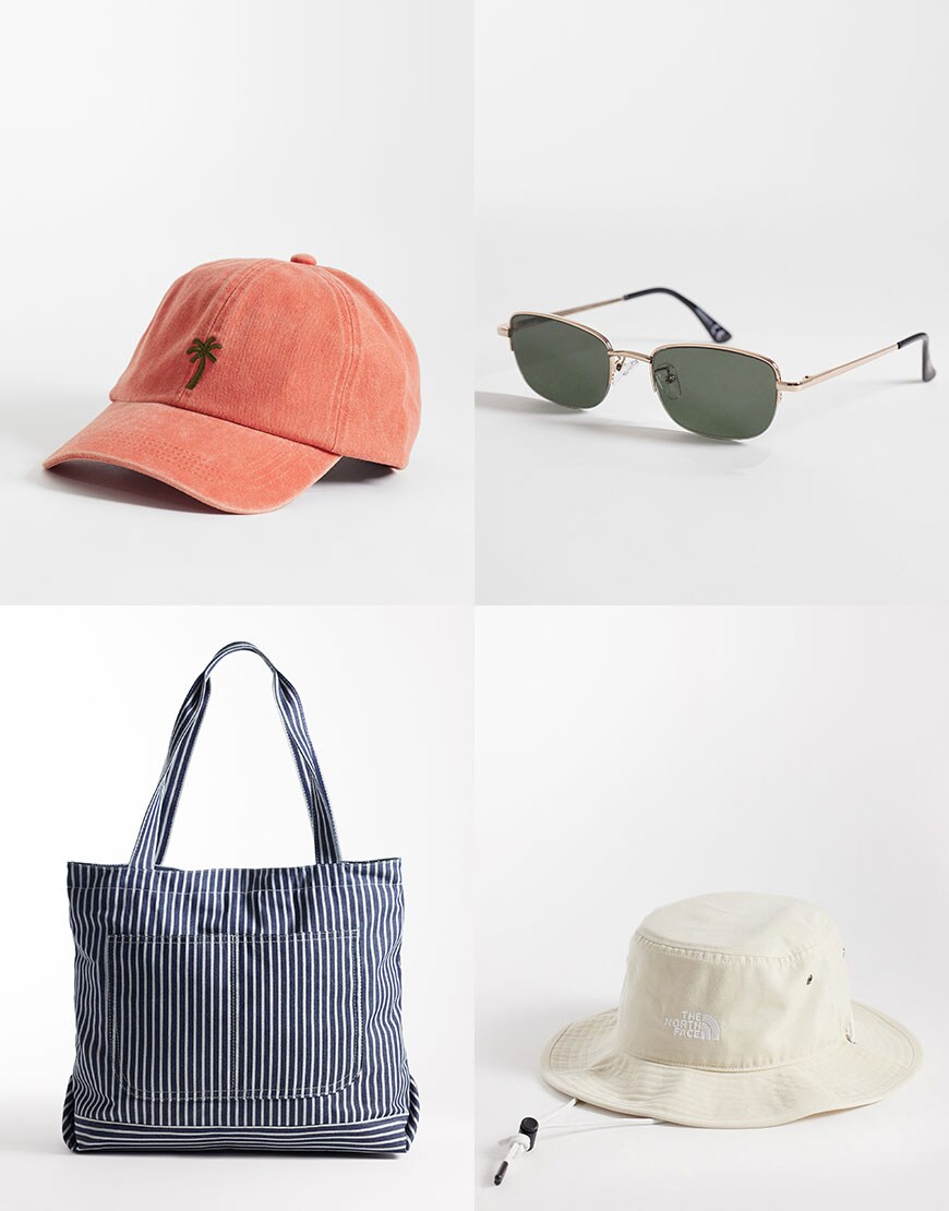 Baseball Cap, Bucket Hat, Sunglasses, Bag