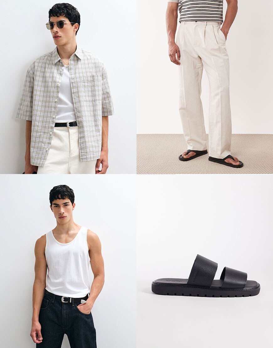 Check Shirt, Linen Trousers, Cotton Vest, Calvin Klein Leather Slides