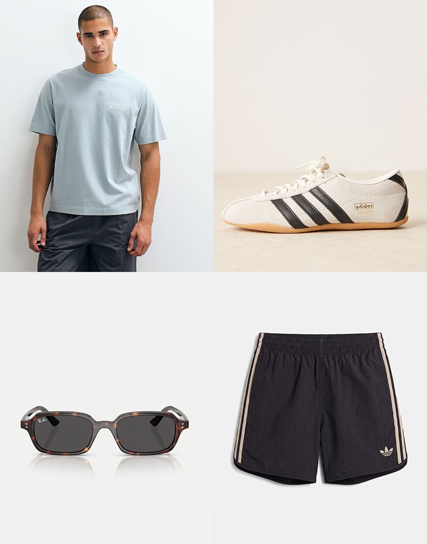 Abercrombie & Fitch T-Shirt, adidas Shorts, adidas Tokyo Trainers, Ray Ban Sunglasses