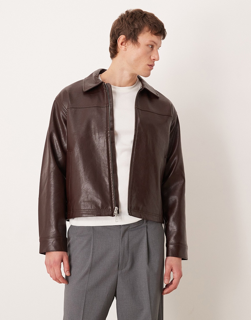 Abercrombie & Fitch vegan leather jacket in burgundy brown | ASOS Style Feed
